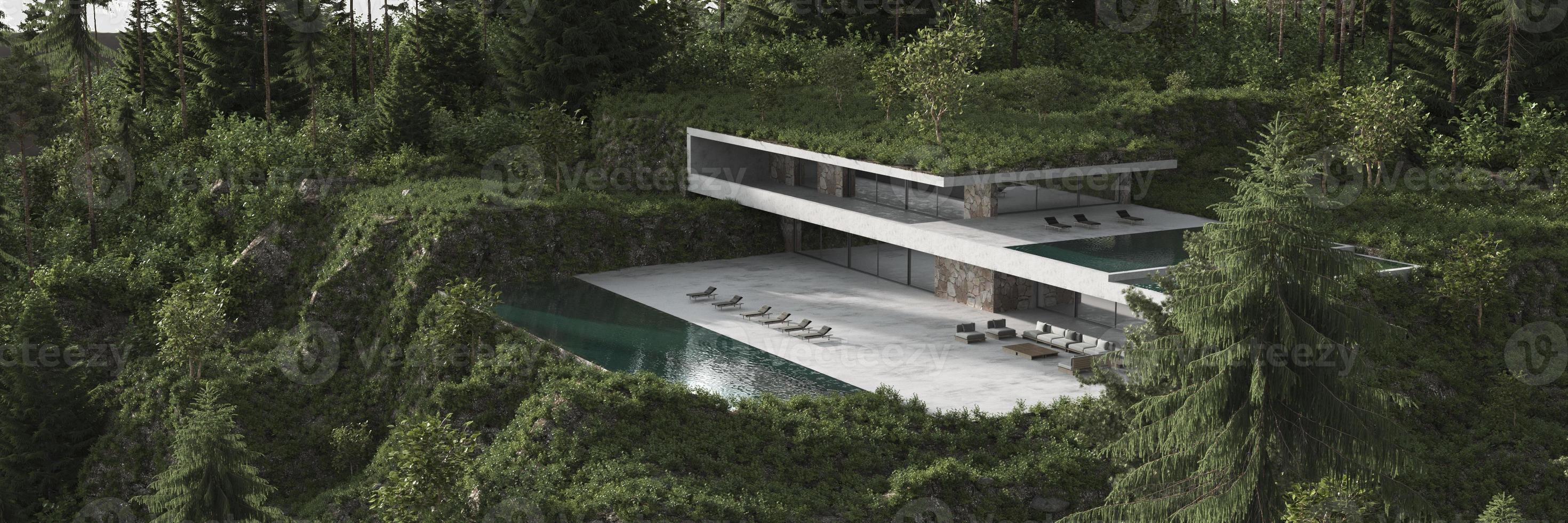 casa moderna con piscina in una foresta verde foto