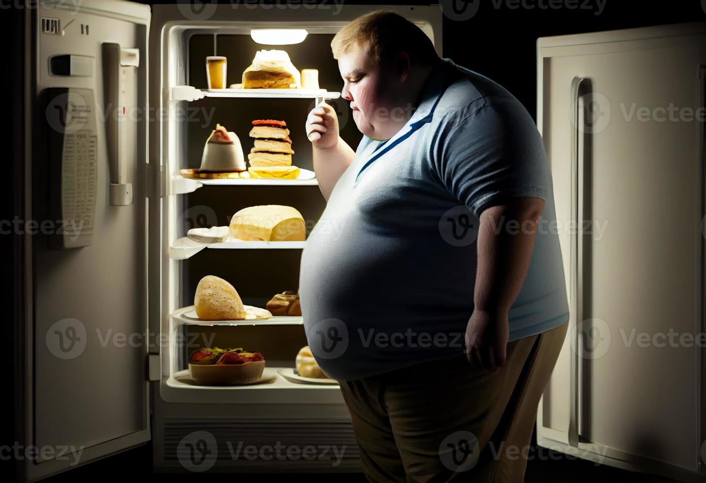 Affamato obeso uomo guardare a cibo nel il frigo a casa a notte. creare ai. foto