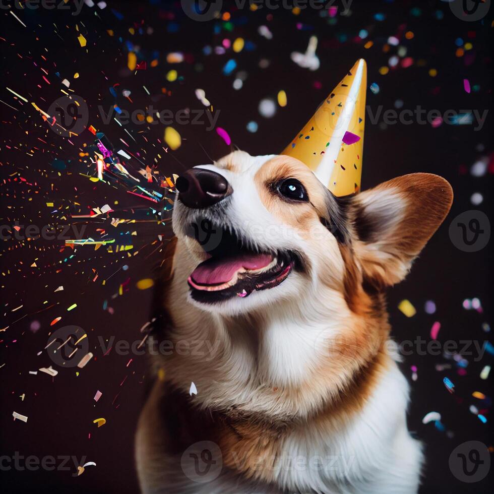 carino cane con un' festa cappello festeggiare sua compleanno, coriandoli cadente. creare ai foto