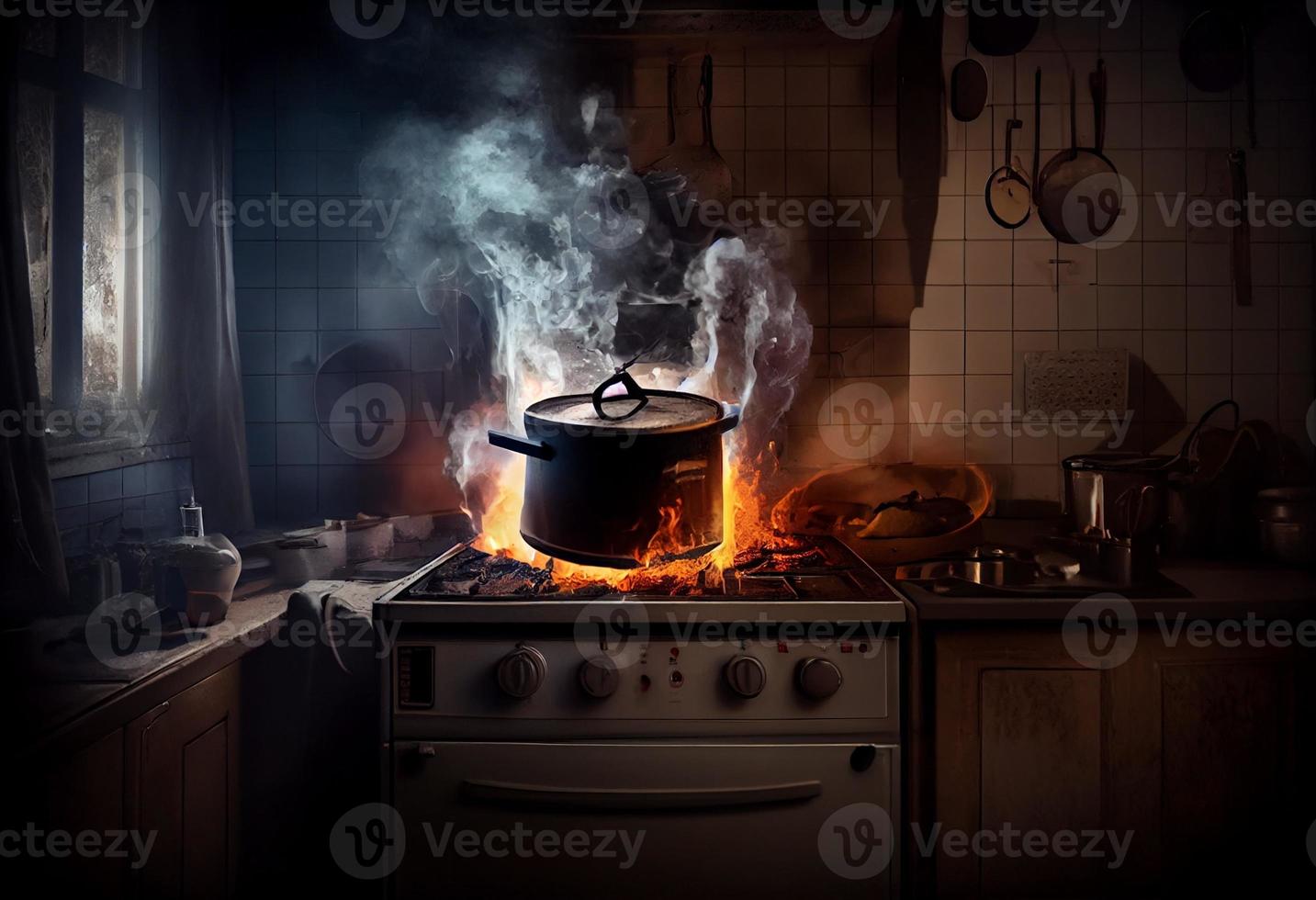 stufa acceso nel il moderno cucina durante cucinando, Fumo e fuliggine intorno a, fuoco a casa. creare ai foto