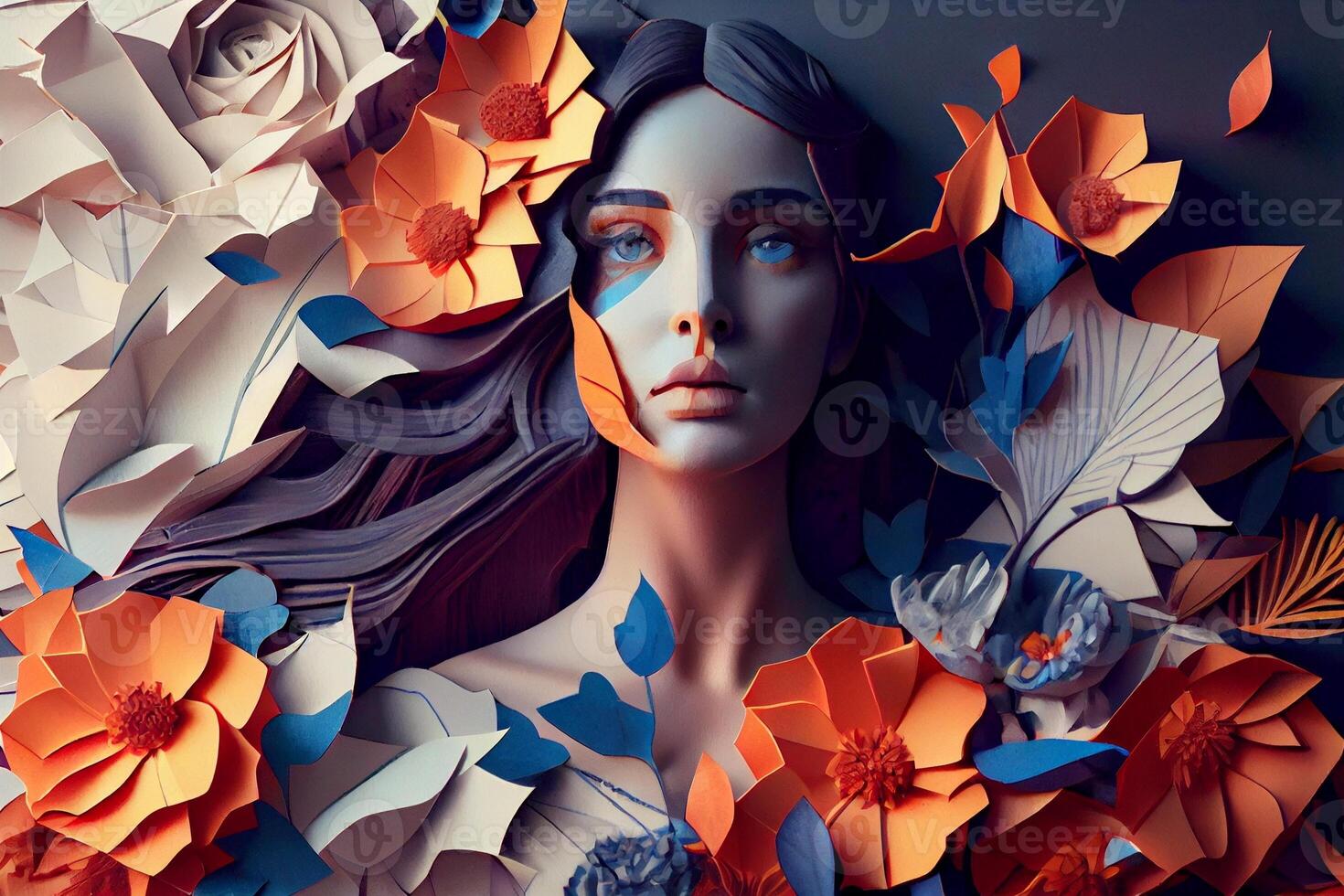 carta arte , astratto donna con fiori composizione. creare ai foto