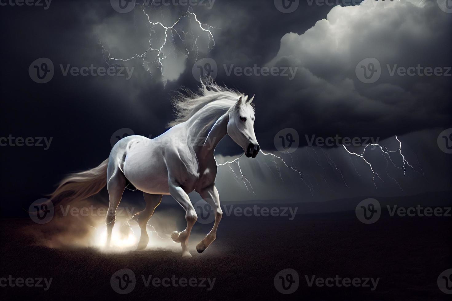 un' bianca cavallo corre attraverso buio tempesta nuvole tra fulmine. creare ai foto