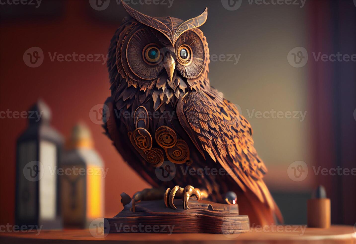 avvicinamento di un gufo statua seduta su superiore di un' di legno tavolo, un' 3d rendering, cinetico arte, steampunk. creare ai foto