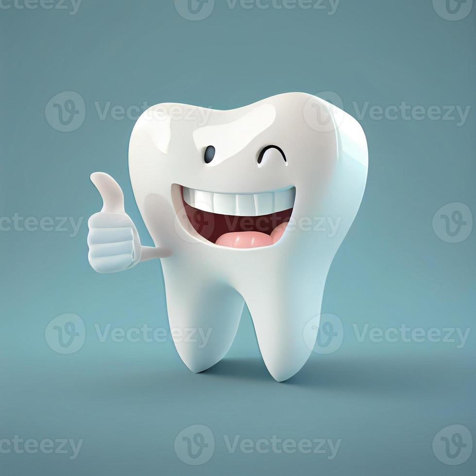 3d realistico contento bianca dente , dente cartone animato personaggi con pollici su su luminosa sfondo , pulizia e imbiancamento denti concetto. creare ai foto