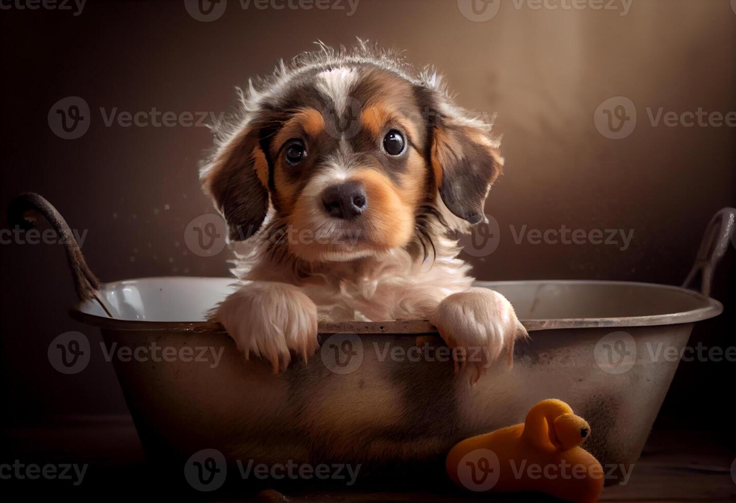 carino cucciolo cane nel vasca da bagno , animali domestici pulizia, studio sparo. creare ai. foto