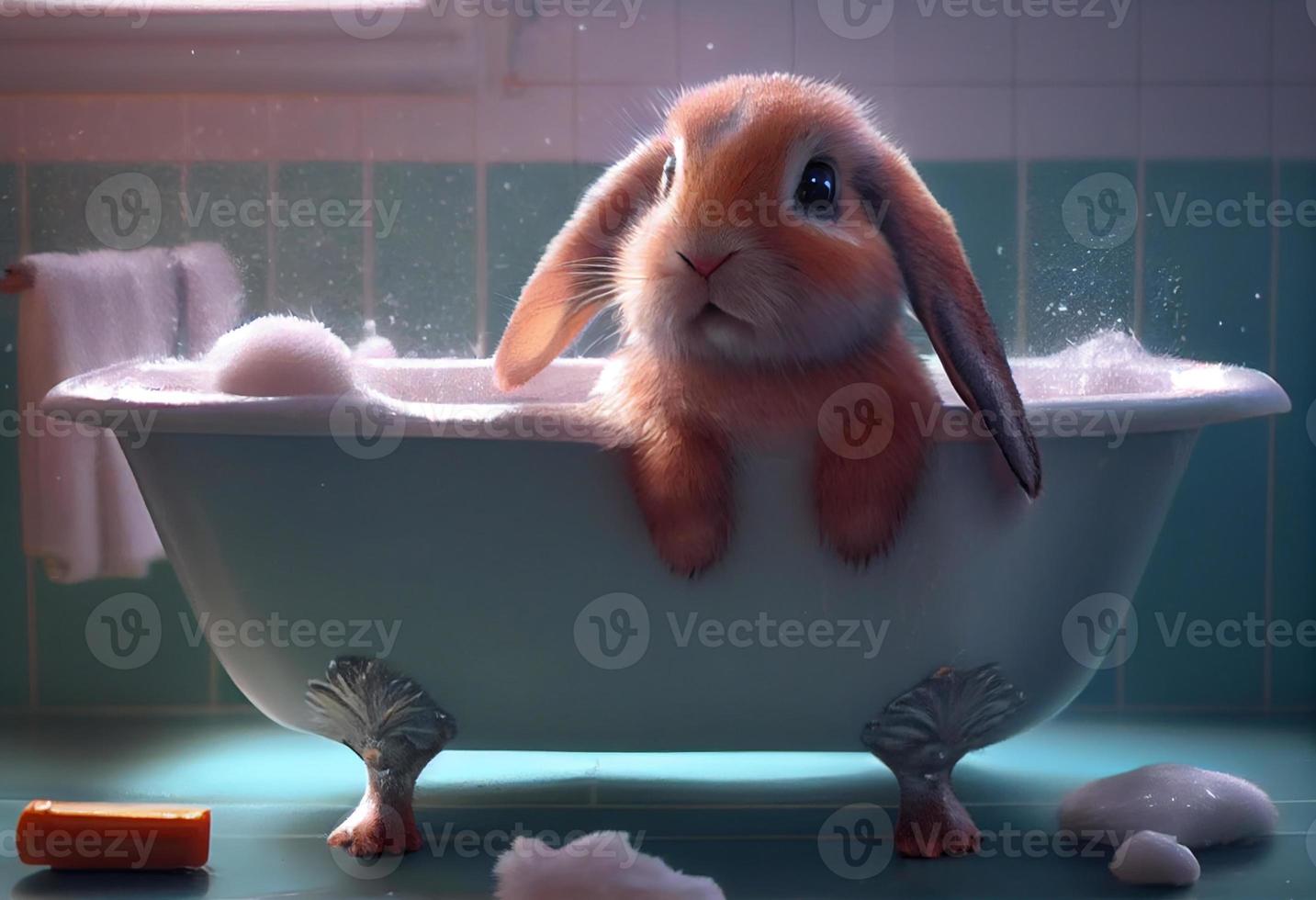 carino coniglio nel vasca da bagno , animali domestici pulizia. creare ai. foto