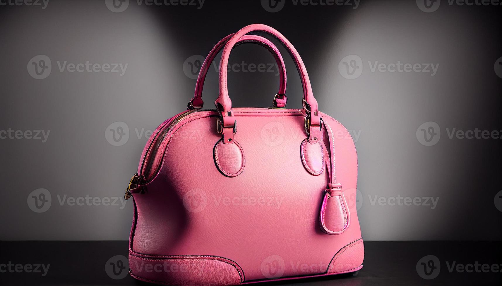 bellissimo di moda liscio gioventù Da donna borsetta nel luminosa rosa colore su un' grigio studio sfondo. creare ai. foto