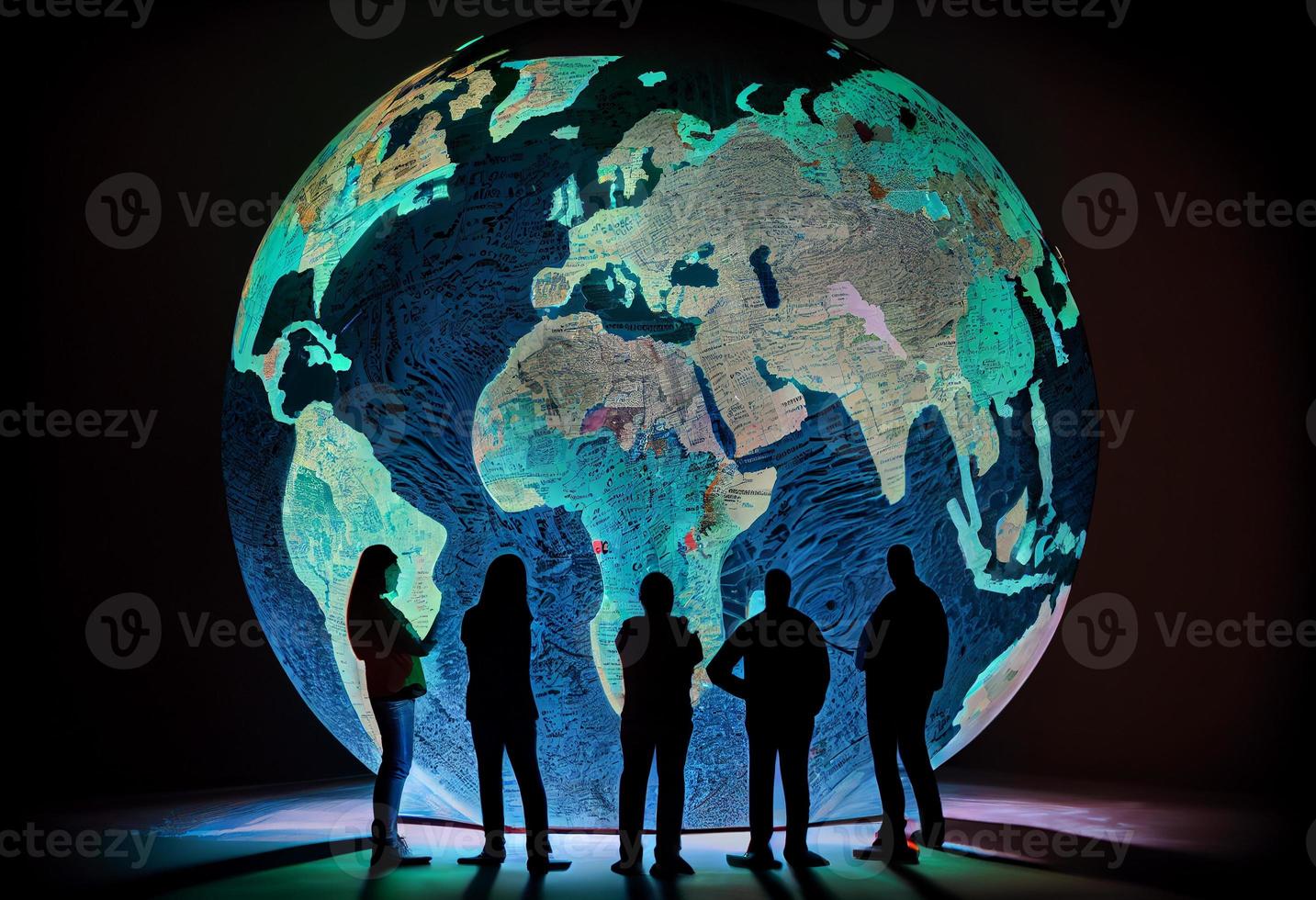 un' gruppo di persone in piedi in giro un' grande globo con un' carta geografica di il mondo. creare ai. foto