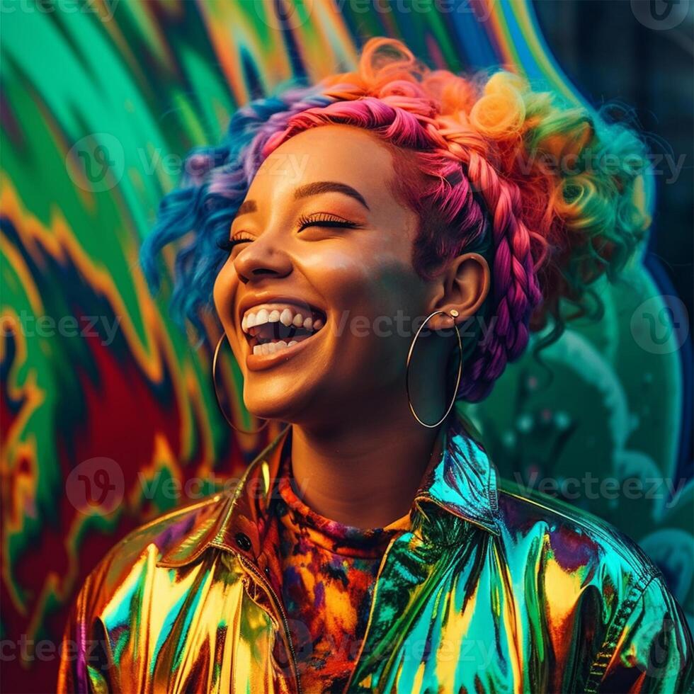 nero sorridente ragazza, moderno arcobaleno arte stile - ai generato Immagine foto