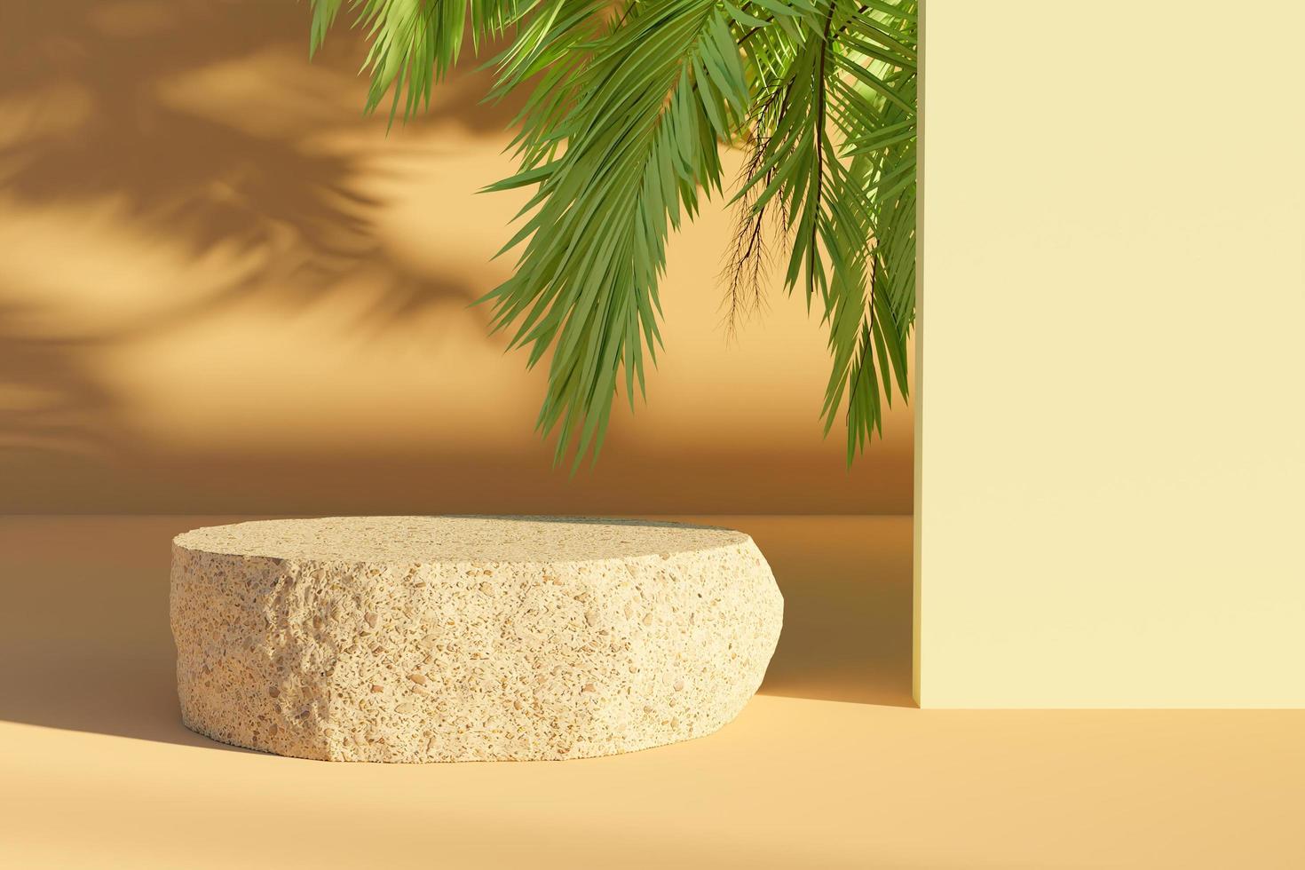 roccia appiattita per la presentazione del prodotto con foglie di palma che spuntano e fanno ombre, rendering 3d foto