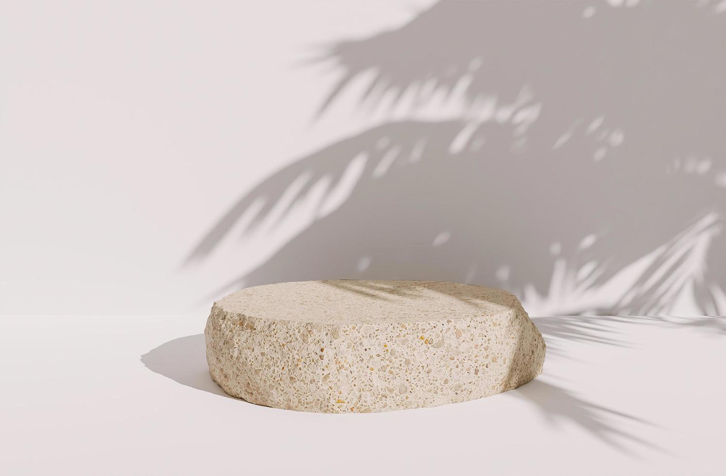 roccia solitaria per la presentazione del prodotto su sfondo bianco con ombre di foglie di palma, rendering 3d foto