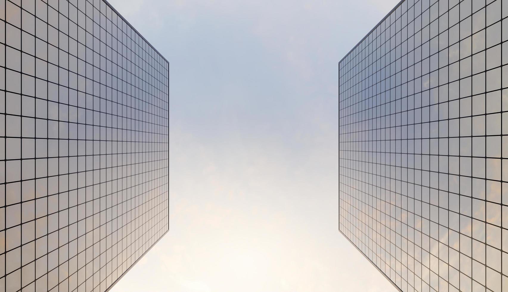 grattacielo di vetro visto dal basso con un cielo leggermente nuvoloso e colorato, rendering 3d foto