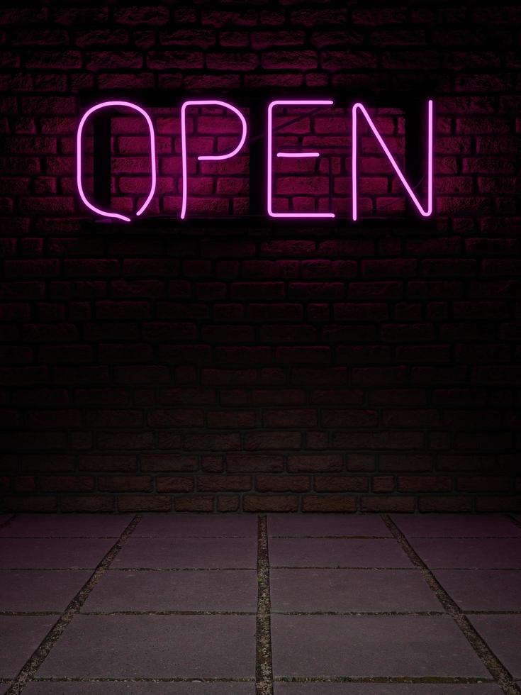 Rappresentazione 3D di un'insegna al neon con la parola aperta in luce rosa su un muro di mattoni e pavimento in lastre grigie foto