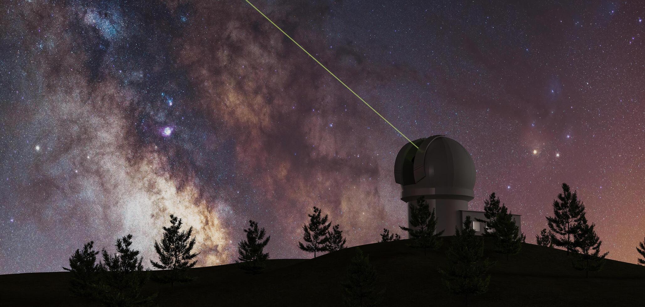 Via Lattea con grande telescopio all'orizzonte e alberi di pino in silhouette e laser verde che punta verso l'infinito, astronomia, rendering 3d foto