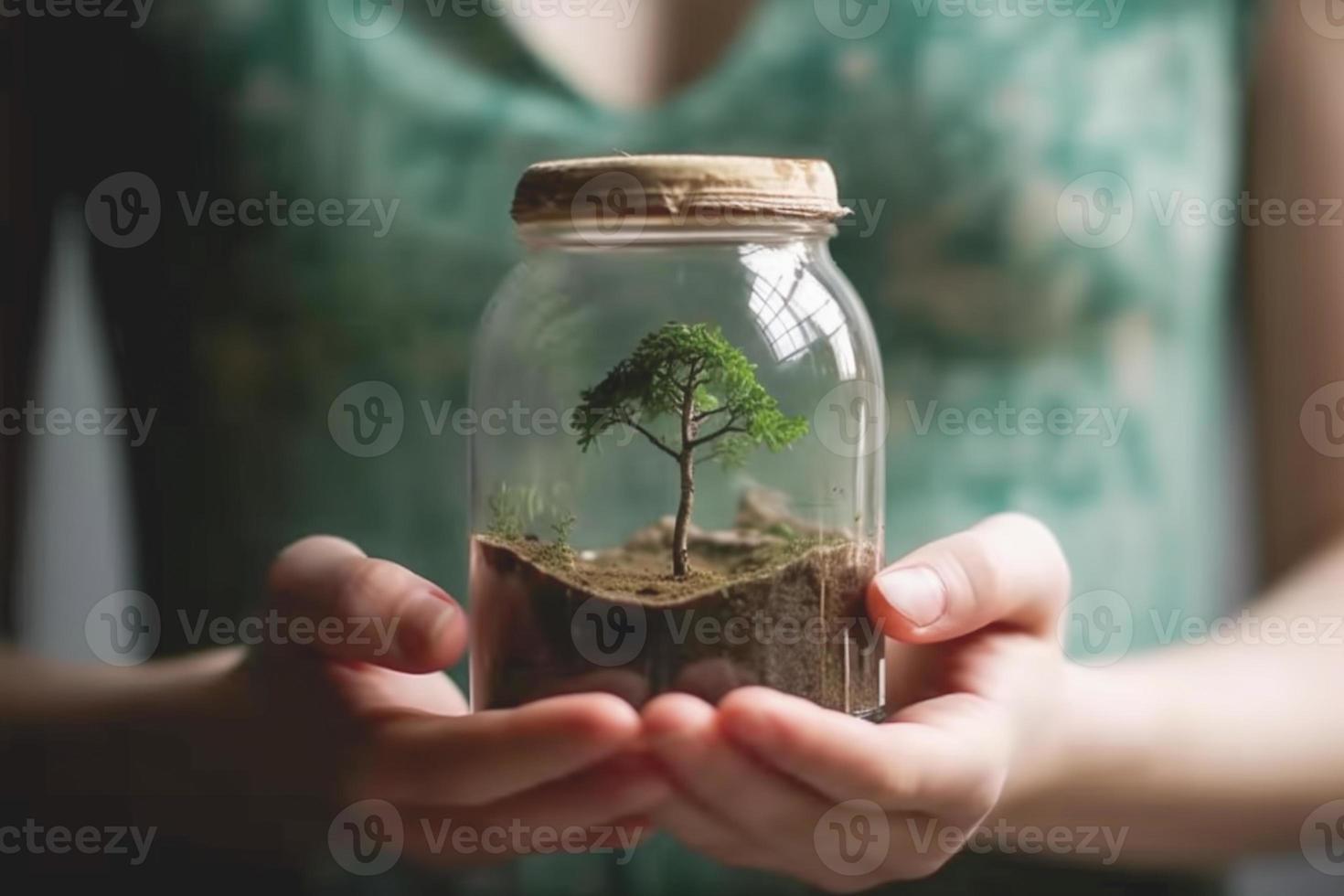 donna Tenere un effettivo vaso con un' albero pianta dentro. terra giorno concetto. foto