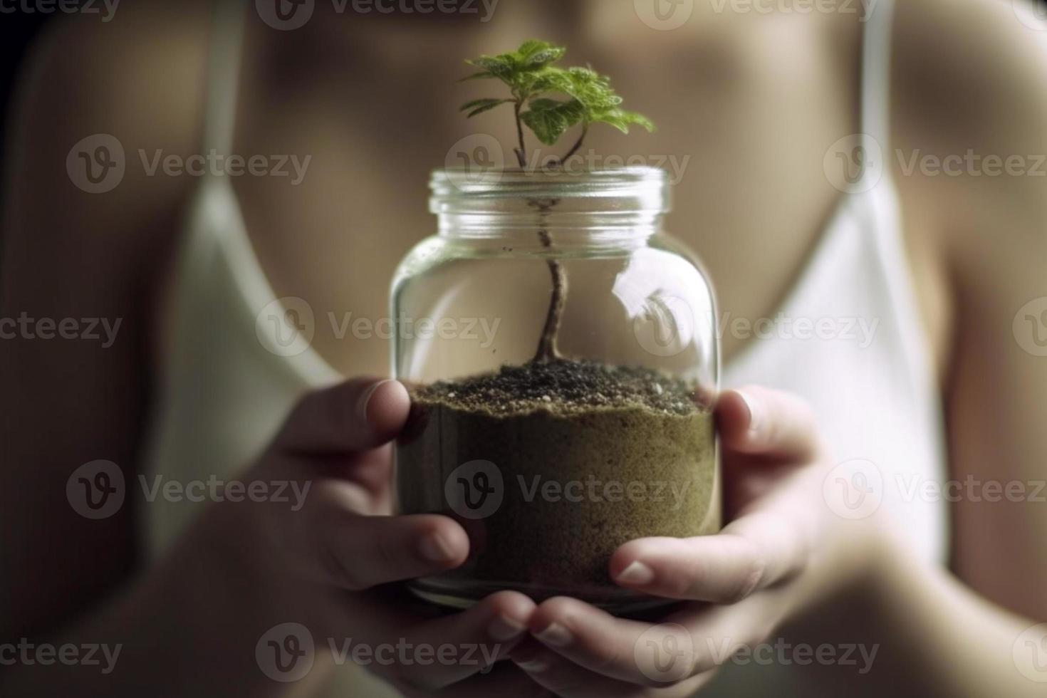 donna Tenere un effettivo vaso con un' albero pianta dentro. terra giorno concetto. foto