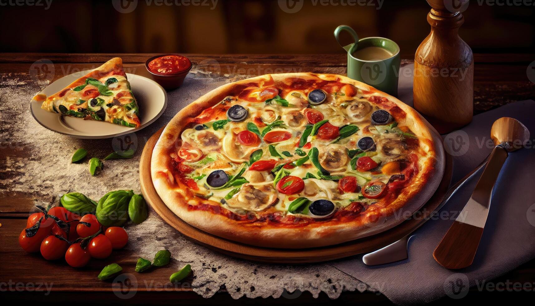 delizioso Pizza su il tavolo nel un' ristorante, italiano cucina. creare ai. foto