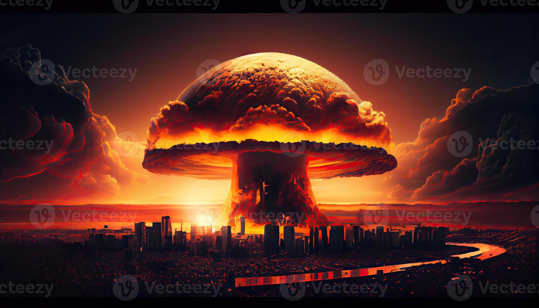 grande nucleare esplosione fungo nube effetto al di sopra di città orizzonte per apocalittico conseguenze di nucleare allegare . creare ai. foto