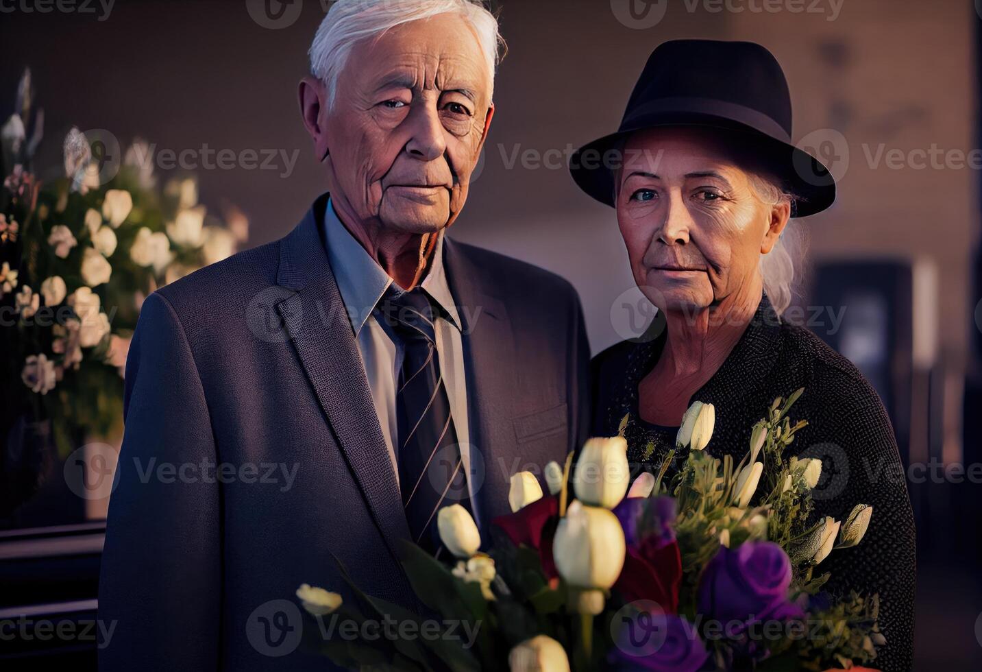 anziano uomo in piedi con attraente donna Tenere fiori su funerale. creare ai. foto