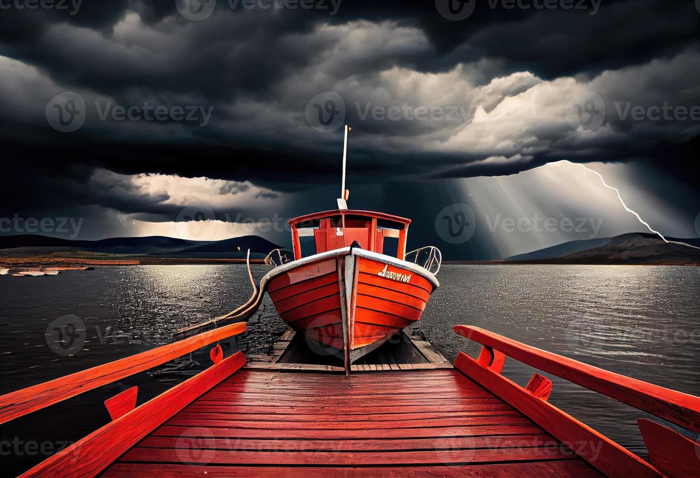 rosso di legno barca su il lago vicino il di legno molo prima il tempesta. nuvole temporalesche nel il cielo. creare ai. foto