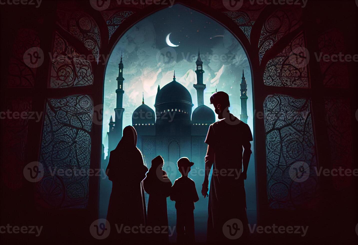 Ramadan kareem saluto. famiglia guardare a moschea. creare ai. foto