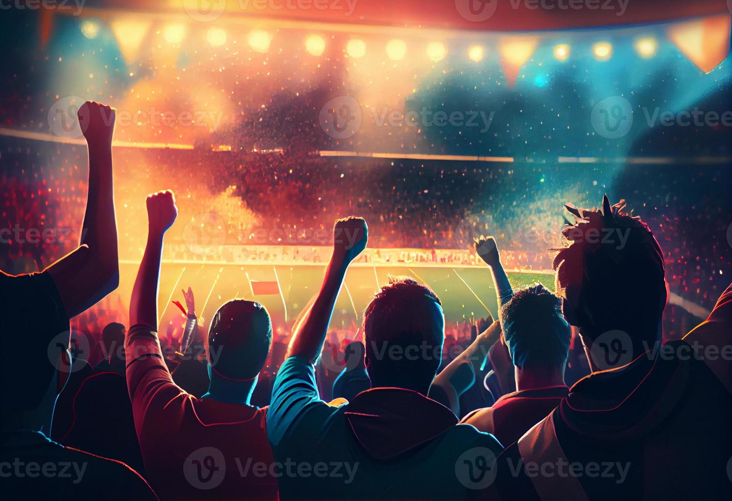 indietro Visualizza di calcio, calcio fan applauso loro squadra stadio a sera tempo.. creare ai. foto
