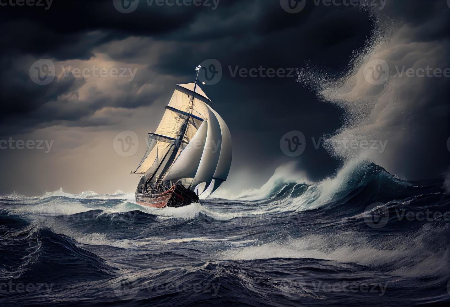 barca a vela contro un' sfondo di mare e tempesta. creare ai. foto