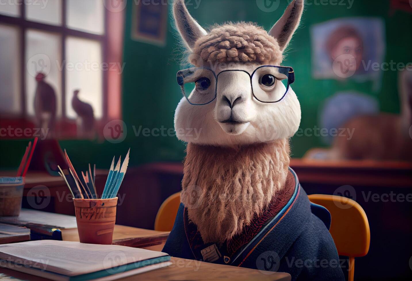 ritratto di un antropomorfo alpaca vestito come un' scolaro nel un' aula. creare ai. foto