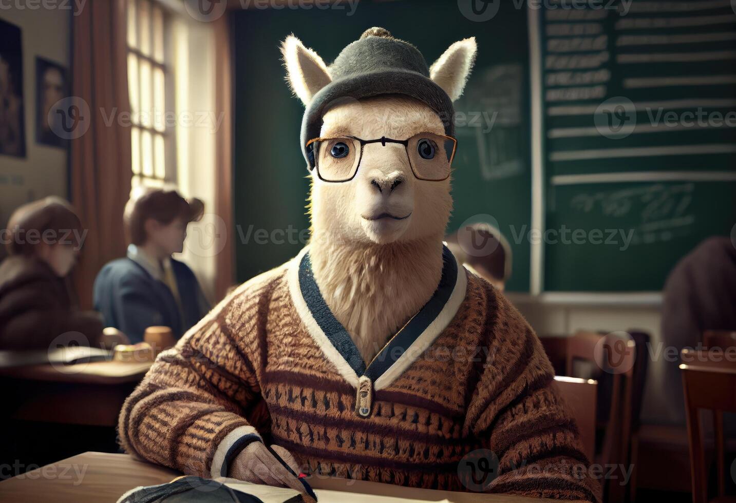 ritratto di un antropomorfo alpaca vestito come un' scolaro nel un' aula. creare ai. foto