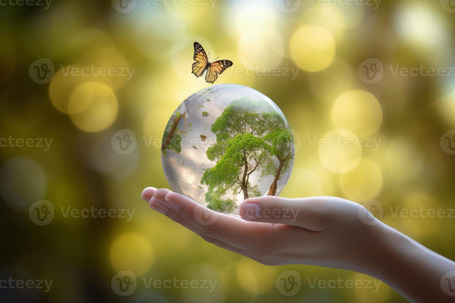 terra cristallo palla con albero. creare ai foto