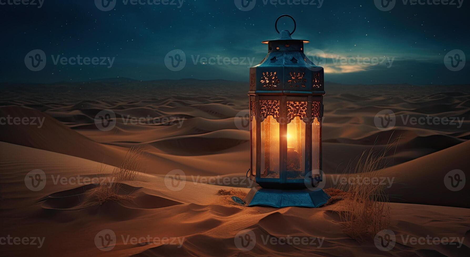 Ramadan islamico lanterna su deserto sfondo, nel il stile di romantico illuminato dalla luna paesaggi marini, blu e ambra, misterioso paesaggi onirici, decorativo quadri, illustrazione generativo ai foto