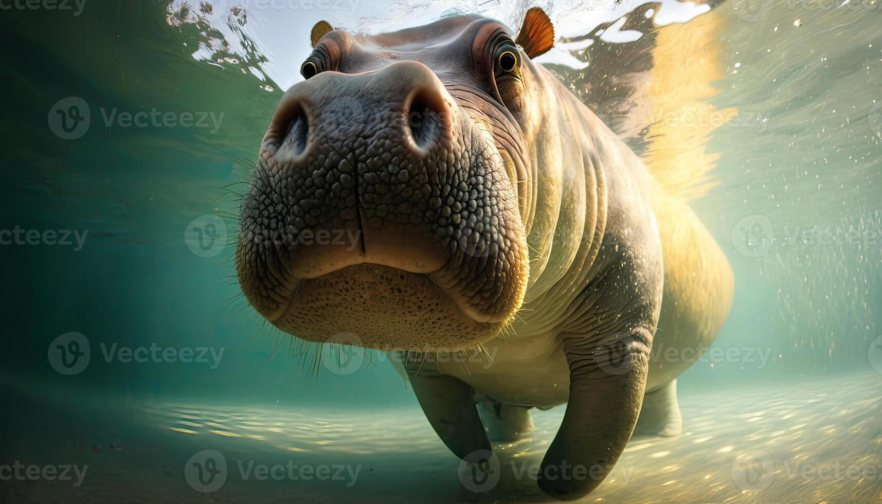ippopotamo sotto acqua. ritratto di un' ippopotamo avvicinamento. generativo ai. foto