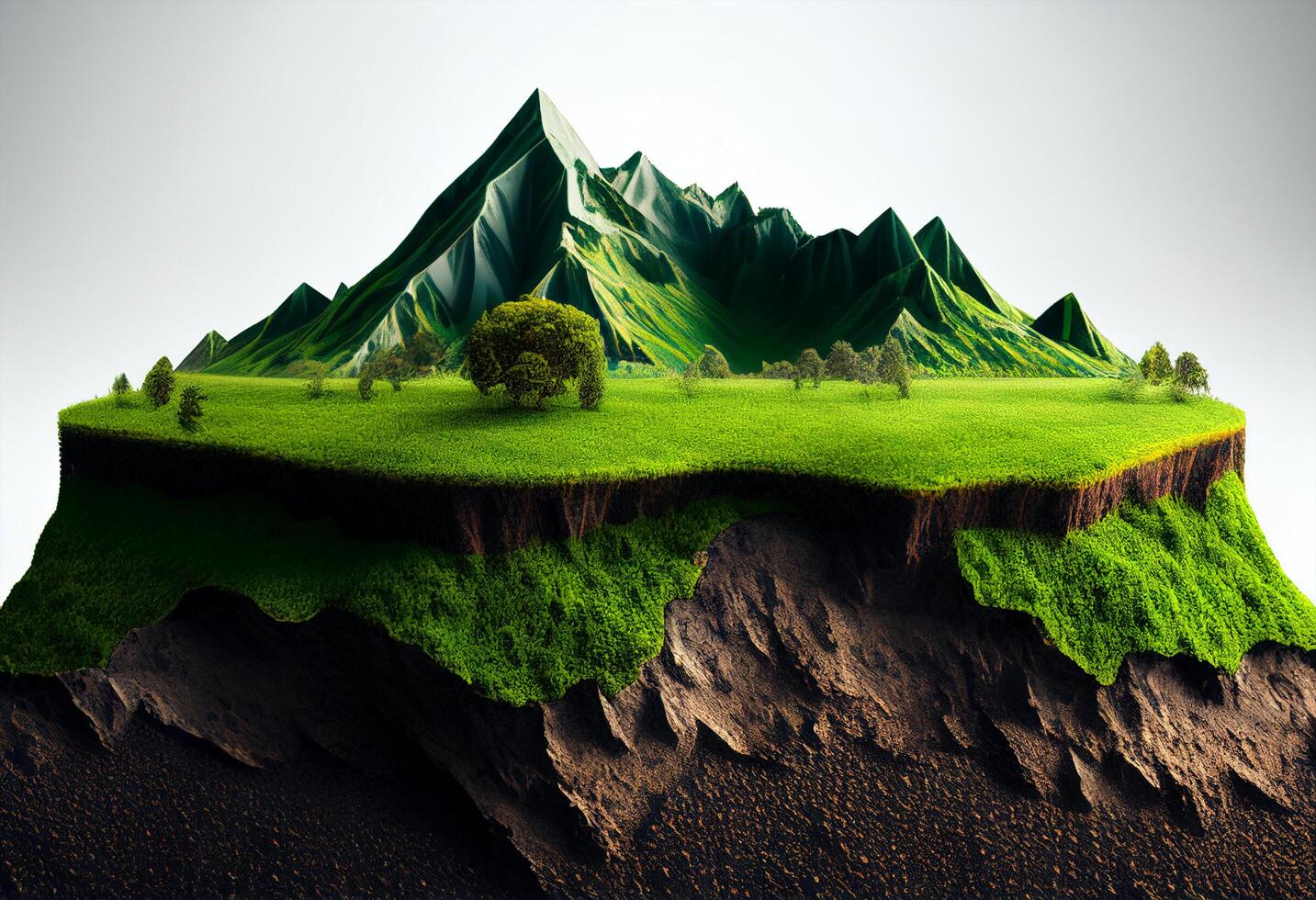 3d rendere di un' fantasia paesaggio con montagne e un' prato generativo ai foto