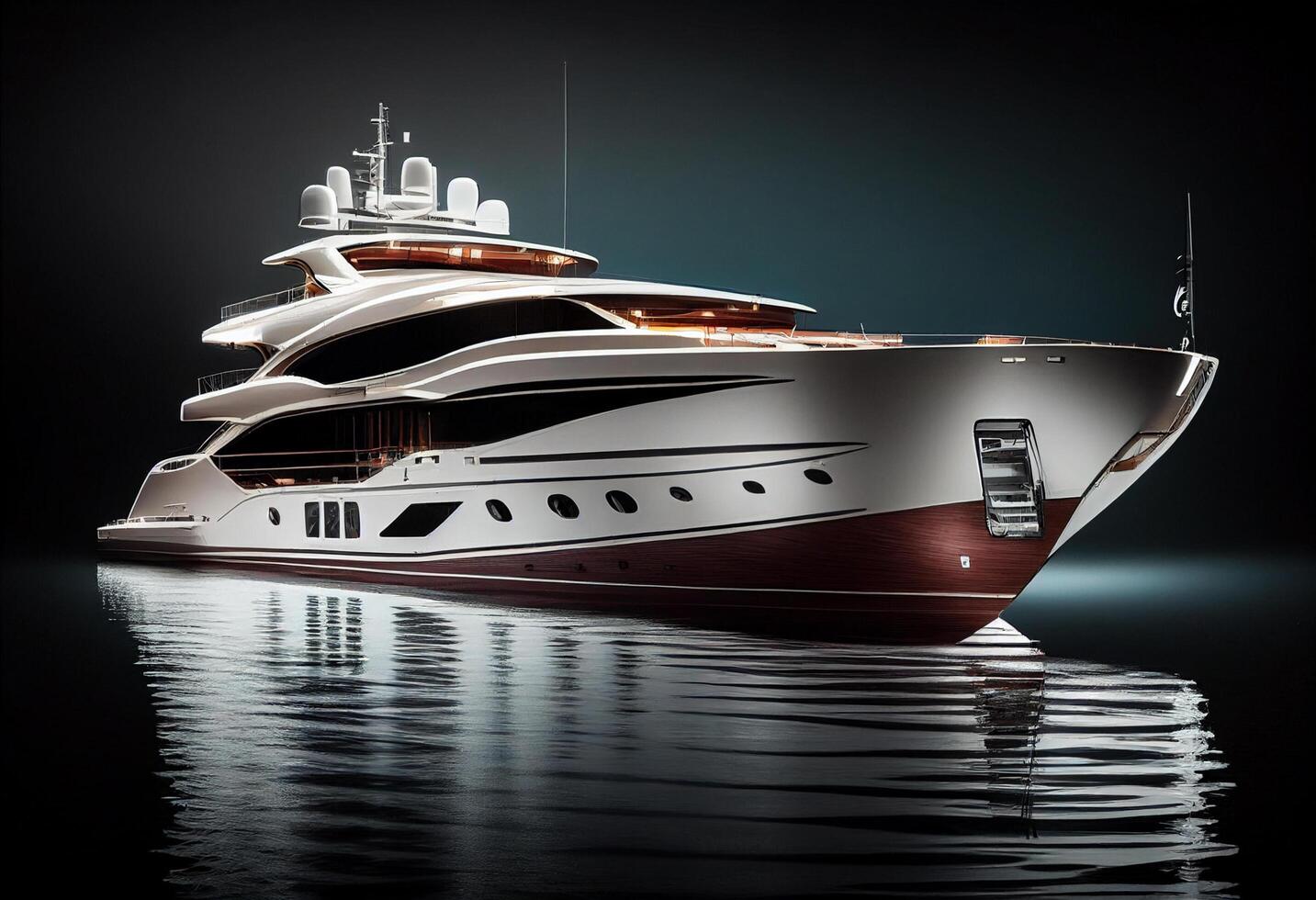 lusso yacht su il acqua. 3d rendere su buio sfondo generativo ai foto