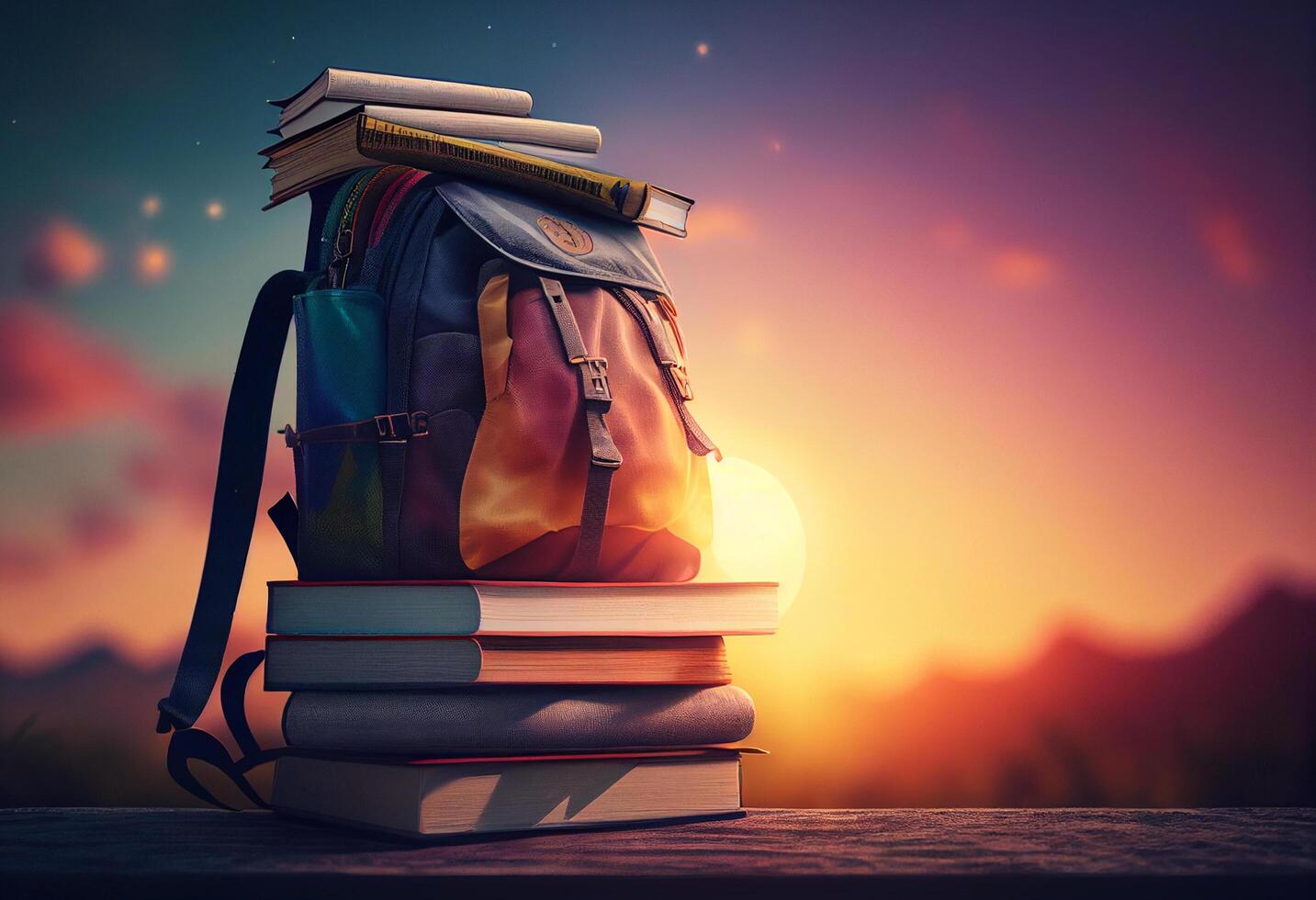 zaino con libri su di legno tavolo al di sopra di tramonto cielo sfondo. indietro per scuola concetto generativo ai foto