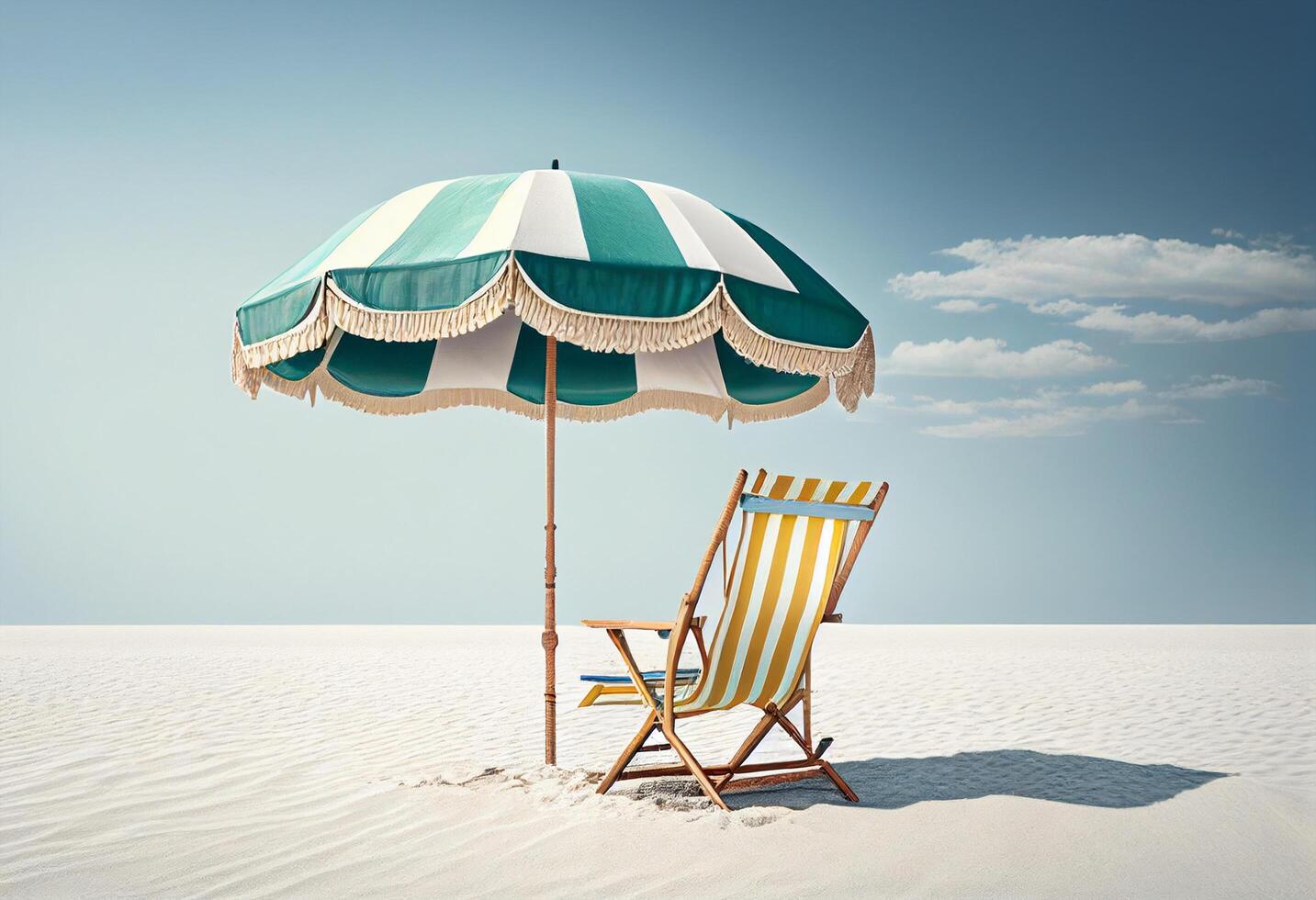 spiaggia sedia e ombrello su il sabbia contro blu cielo con nuvole generativo ai foto