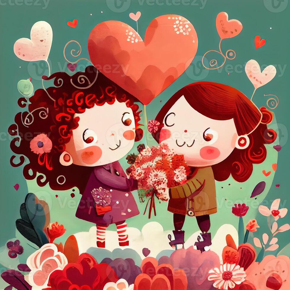 generativo ai illustrazione di un adorabile e accattivante cartone animato personaggio per San Valentino giorno, amore, cuori, fiori, romanza, felice, allegro, gioioso, divertimento, giocoso, spensierato, dolce foto