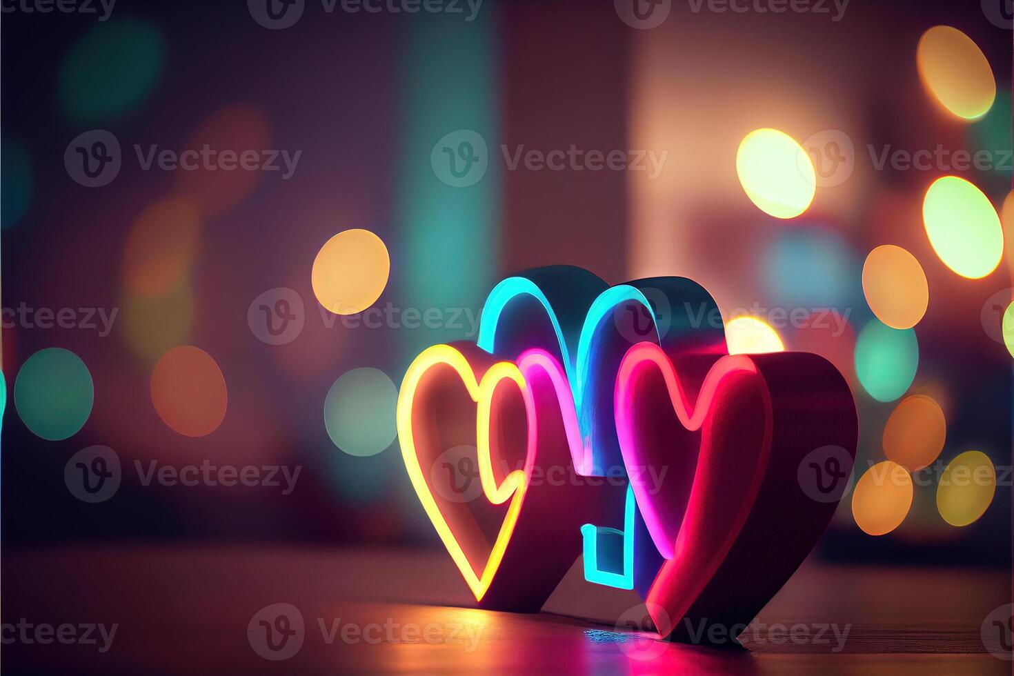 generativo ai illustrazione di amore cuore neon luce, arredamento, luminosa luce, romantico. amore e San Valentino giorno concetto. neurale Rete generato arte. digitalmente generato Immagine. foto