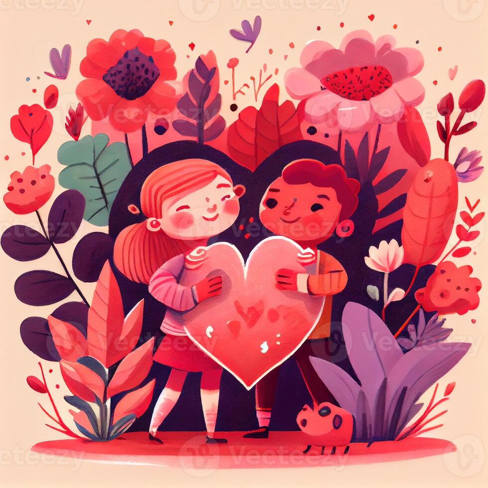 generativo ai illustrazione di un adorabile e accattivante cartone animato personaggio per San Valentino giorno, amore, cuori, fiori, romanza, felice, allegro, gioioso, divertimento, giocoso, spensierato, dolce foto