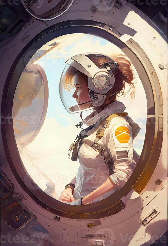 generativo ai illustrazione di il ragazza è il Capitano di un' navicella spaziale, un' bianca tuta spaziale, un' Pannello, un' enorme oblò foto
