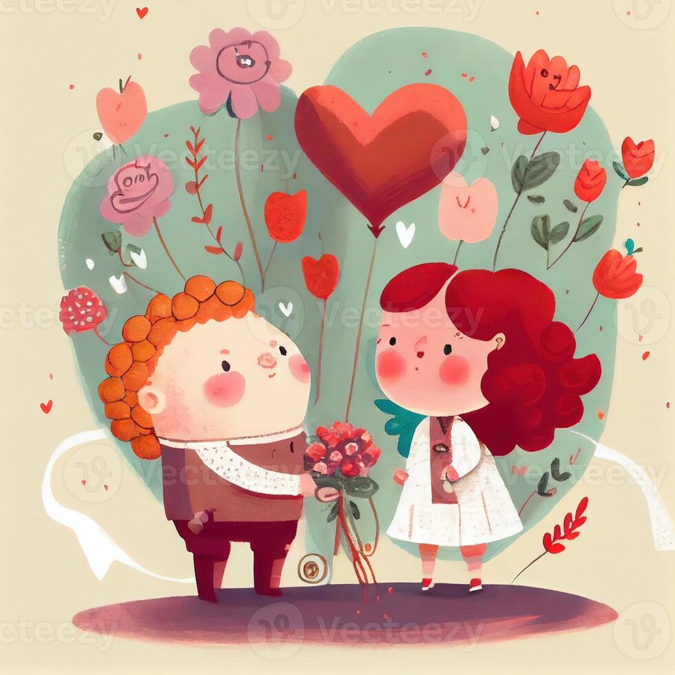 generativo ai illustrazione di un adorabile e accattivante cartone animato personaggio per San Valentino giorno, amore, cuori, fiori, romanza, felice, allegro, gioioso, divertimento, giocoso, spensierato, dolce foto