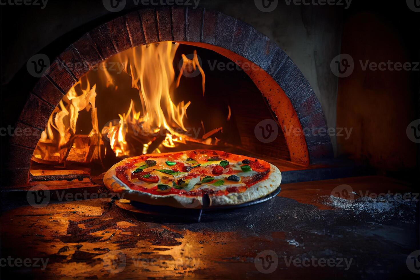 generativo ai illustrazione di italiano Pizza è cucinato nel un' a legna forno. foto