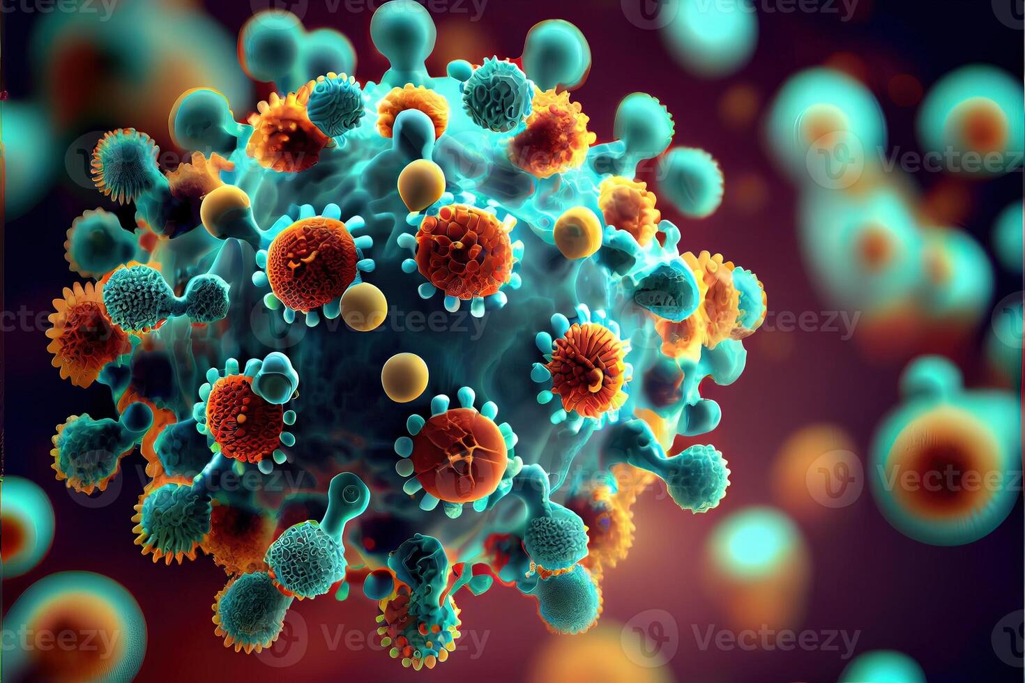 generativo ai illustrazione di malattia respiratorio virus influenza scoppio 3d medico illustrazione. microscopico Visualizza di galleggiante influenza virus cellule. neurale Rete generato arte. foto