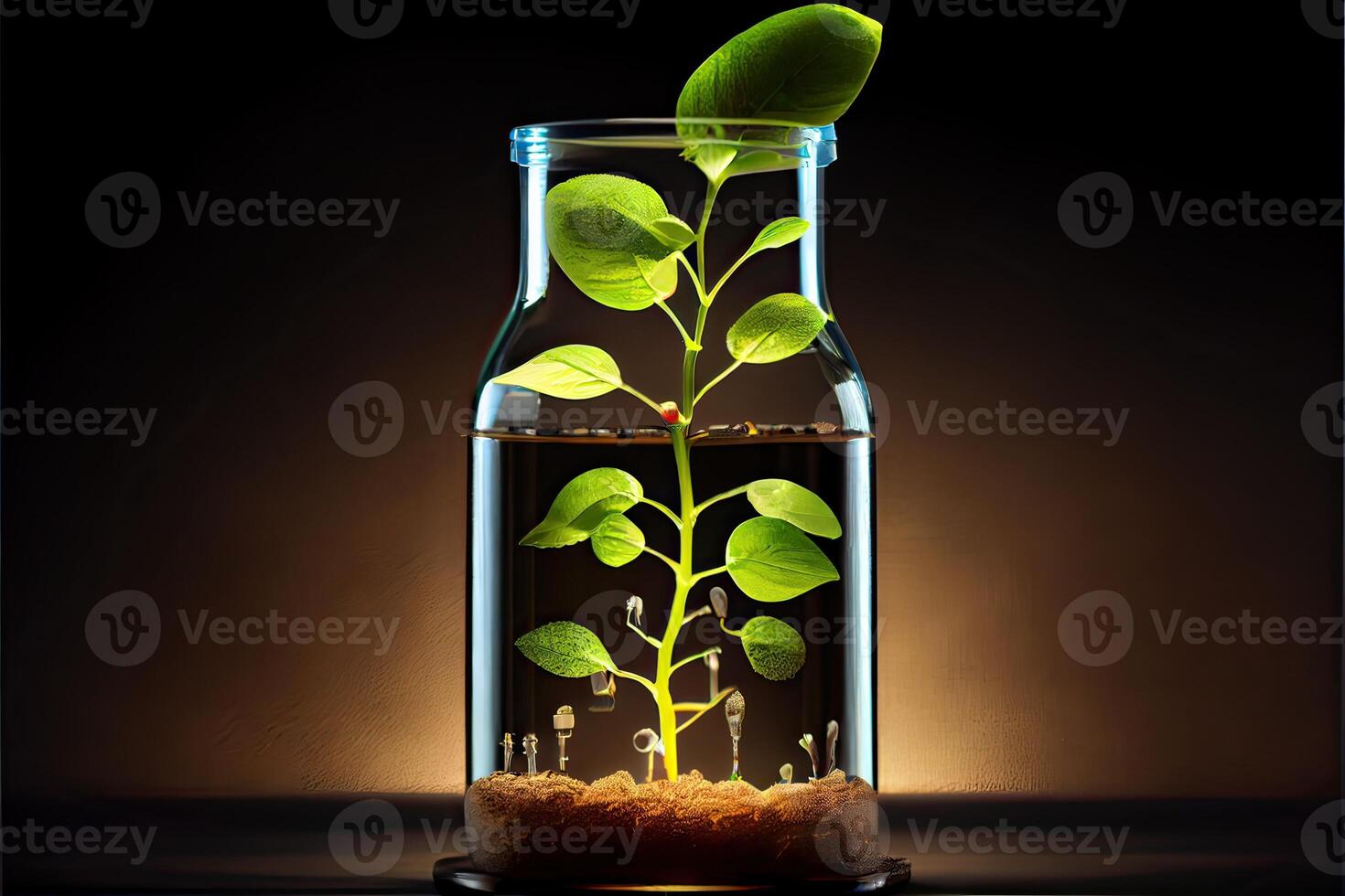 generativo ai illustrazione di scienza e biotecnologia concetto. in crescita di pianta nel laboratorio foto
