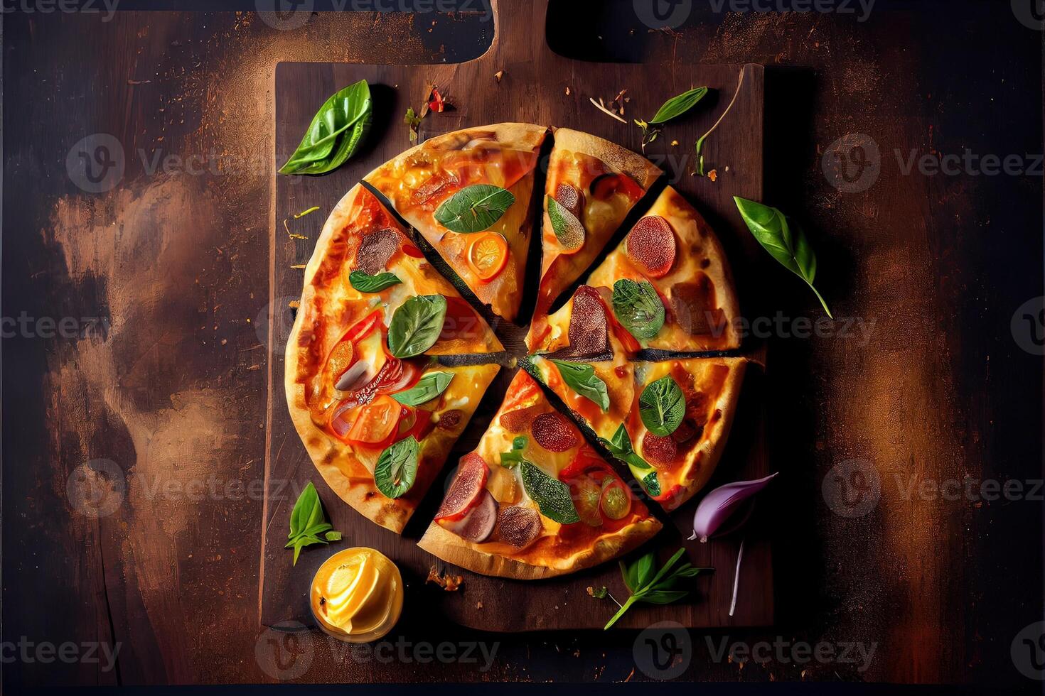 generativo ai illustrazione di fatti in casa Pizza con pomodoro e olive su di legno Pizza asse, superiore Visualizza, piatto posizione. buio pietra sfondo foto