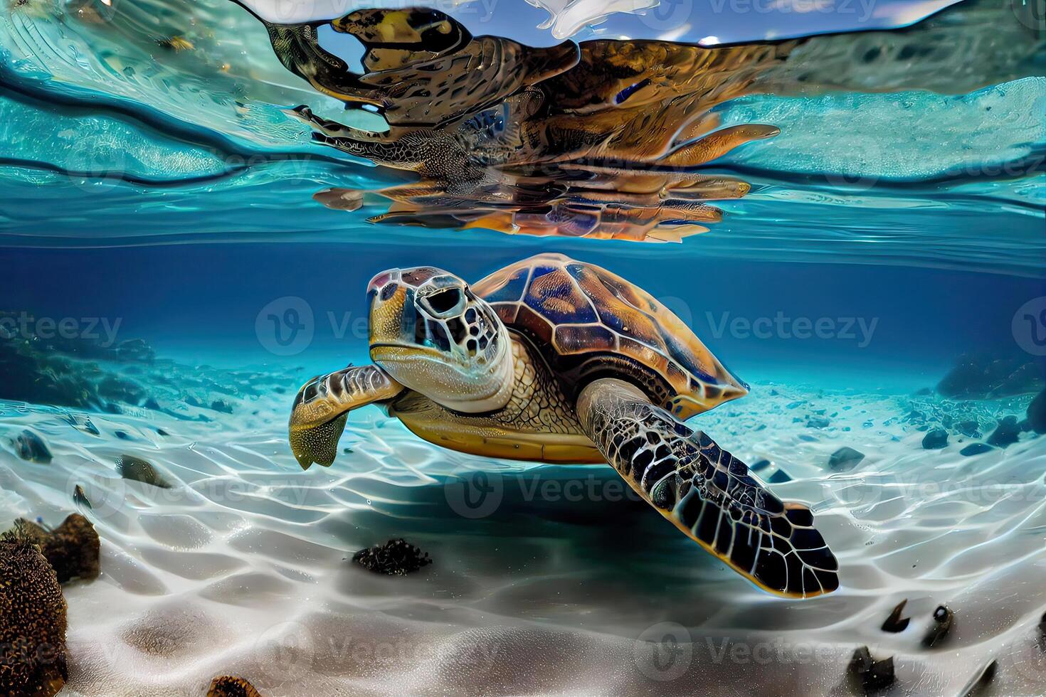 generativo ai illustrazione di un' mare tartaruga nel cristallo chiaro acqua. sorprendente cristallino fondale marino. scogliera pieno di vita foto