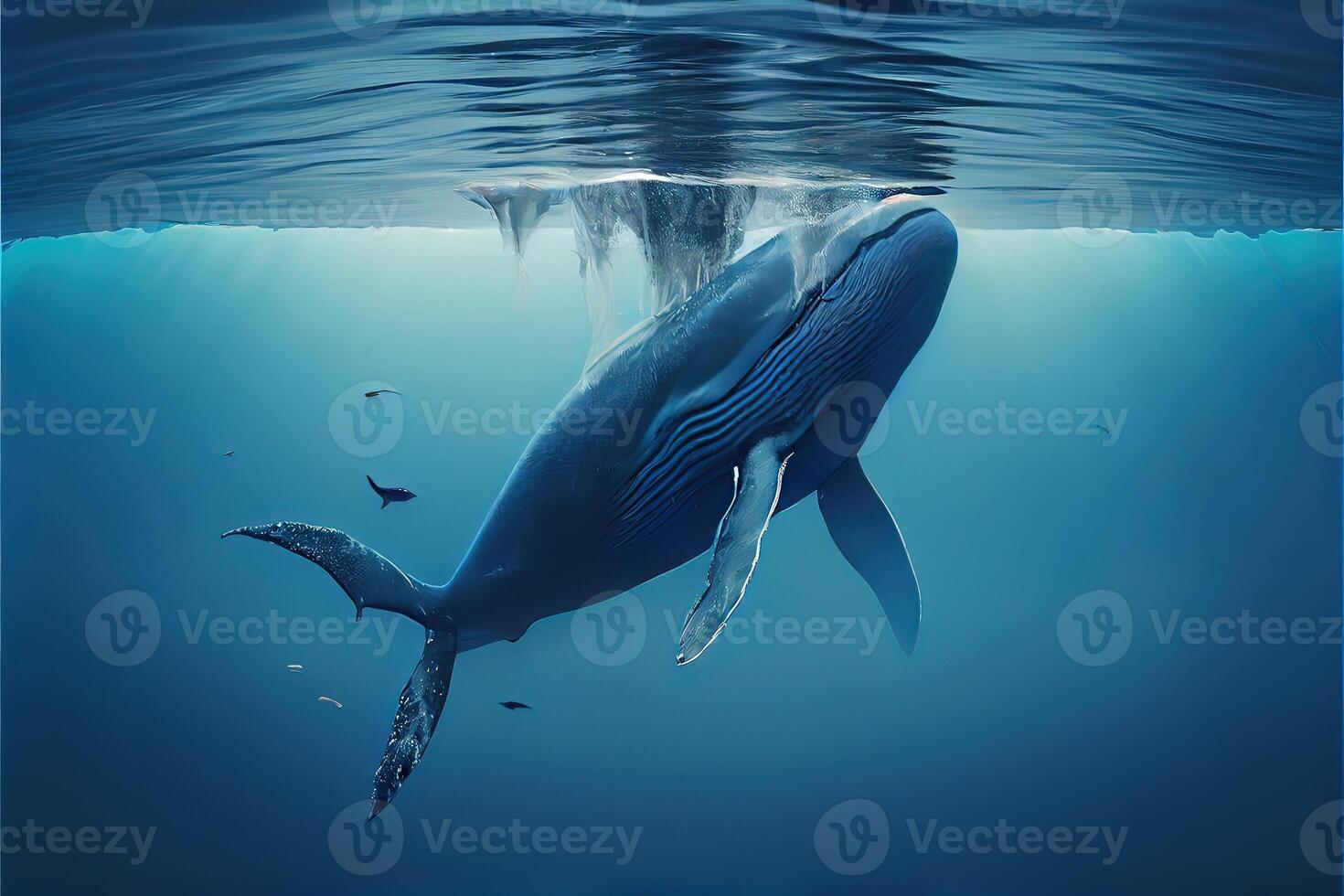 generativo ai illustrazione di blu balena sotto acqua, oceano foto