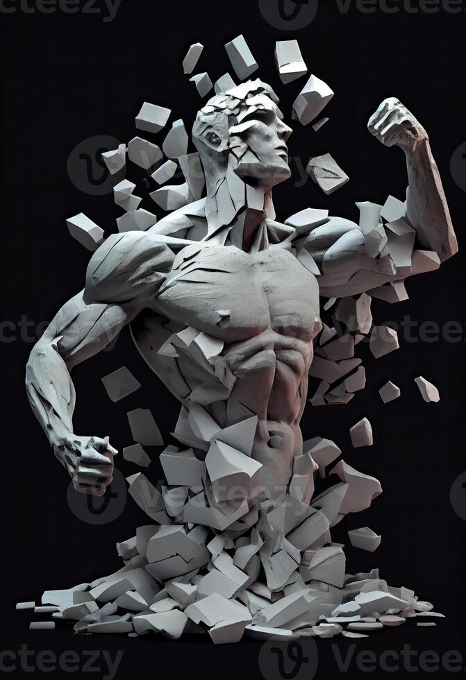 generativo ai illustrazione di realistico pietra uomo scultura rotto e pezzi nel nero sfondo. motivazione e superando te stesso concetto foto