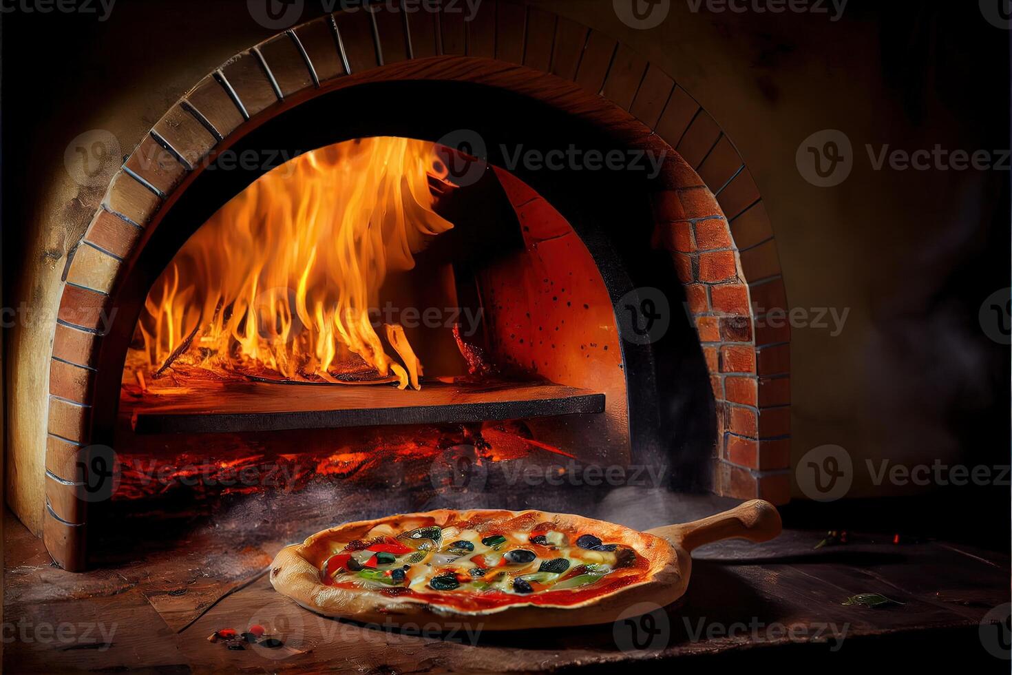 generativo ai illustrazione di italiano Pizza è cucinato nel un' a legna forno. foto