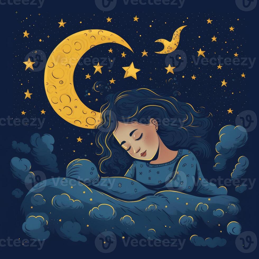 ragazza addormentato tra il blu cielo, luminosa Luna e stelle, cartone animato con generativo ai foto